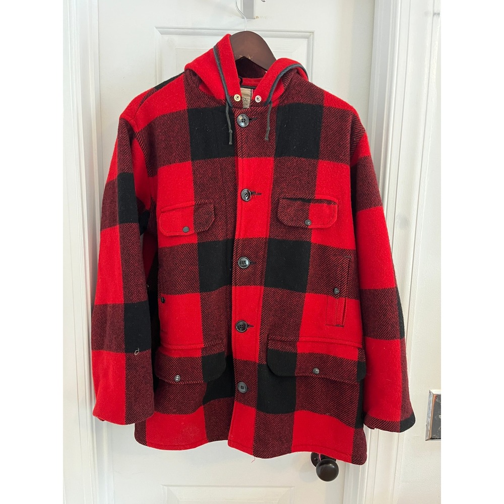 Vintage Johnson Woolen Mills Red Black Buffalo Plaid Wool Hunting Jacket